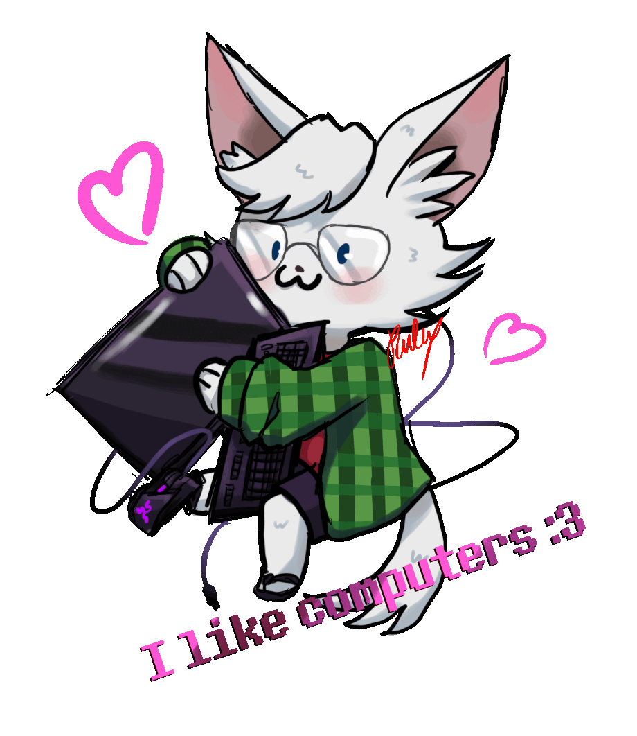 Ness as a dog or cat-like fursona, wearing a red T-shirt, a green sweater, and flip-flops. Pink text below her says 'I like computers :3'. Ness is hugging her whole PC setup in her arms, display, keyboard, mouse, and PC included. She's surrounded by two pink hearts.
